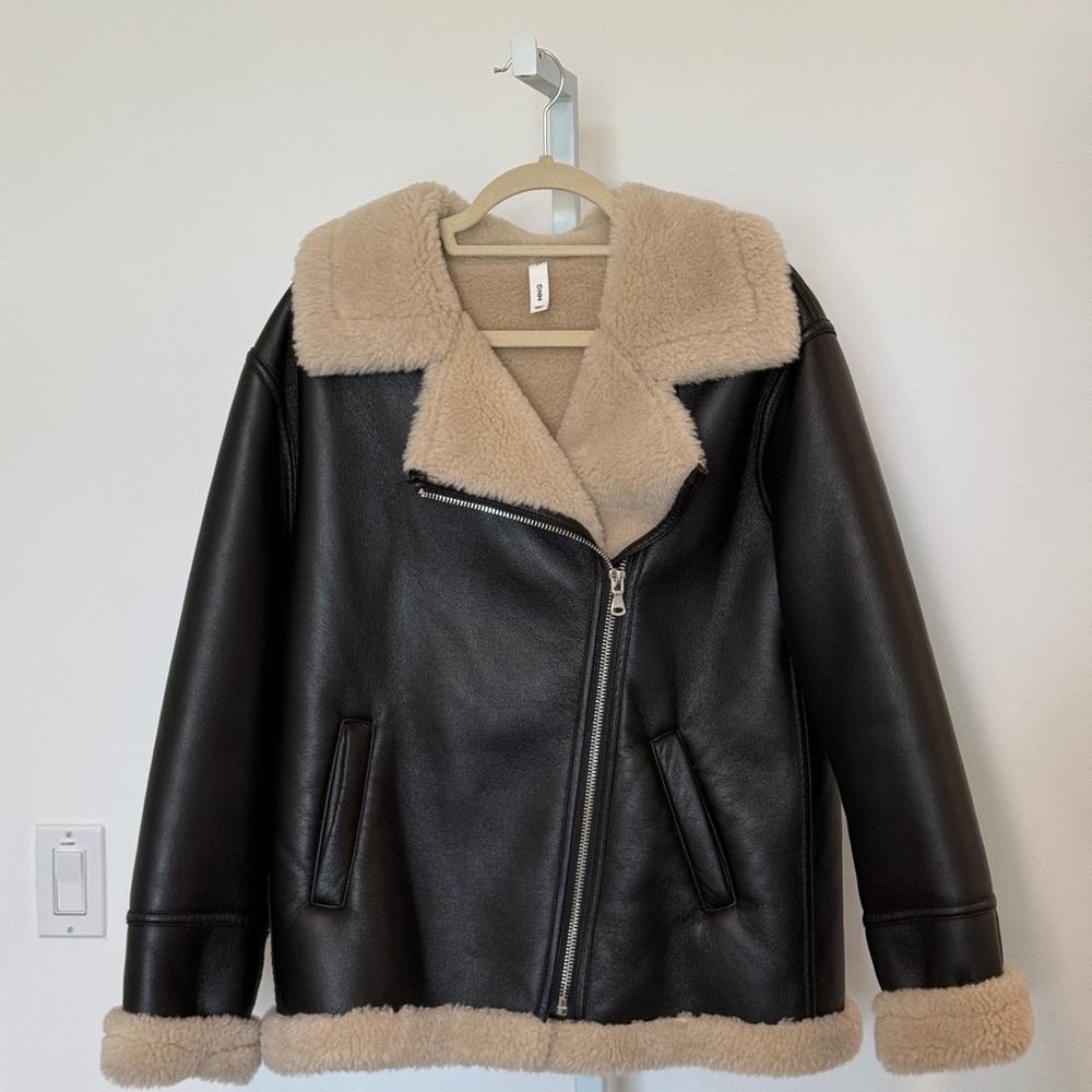 Mango Black and Cream Teddy Jacket Asymmetrical Design